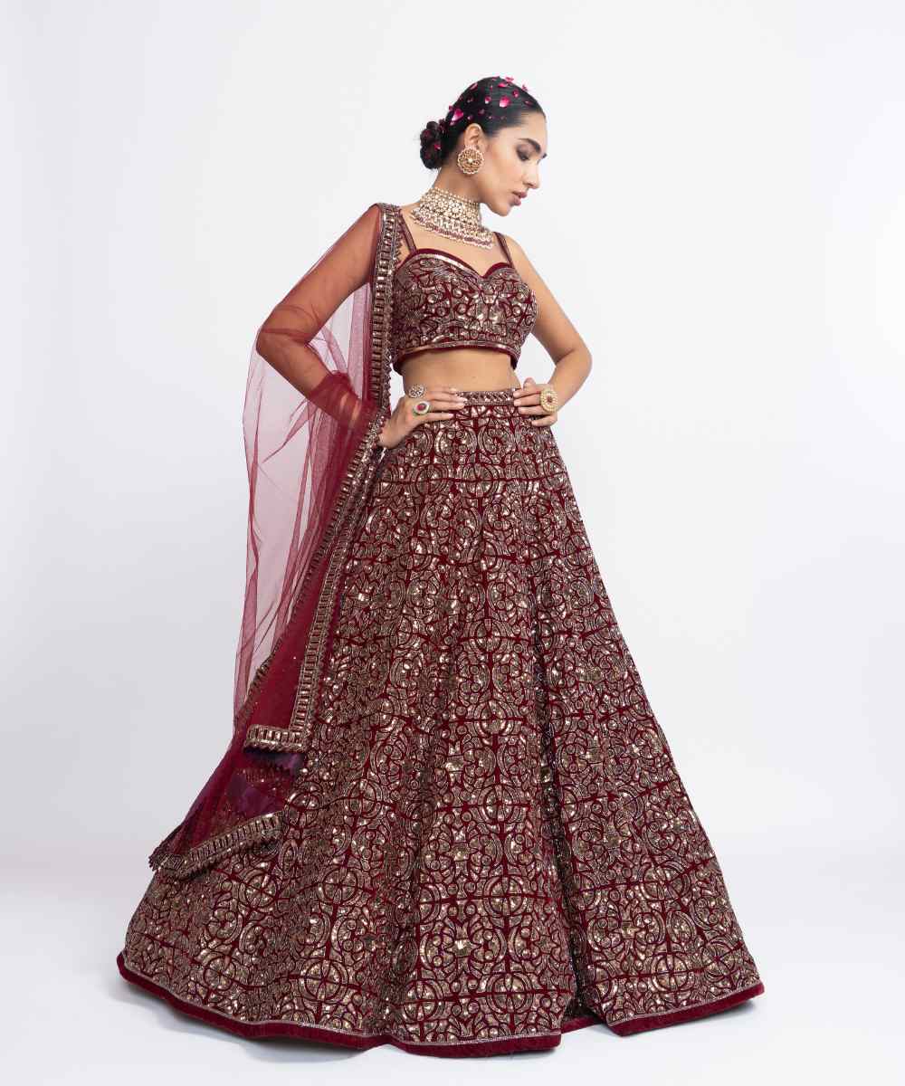 Maroon fully embroidered corset lehenga set