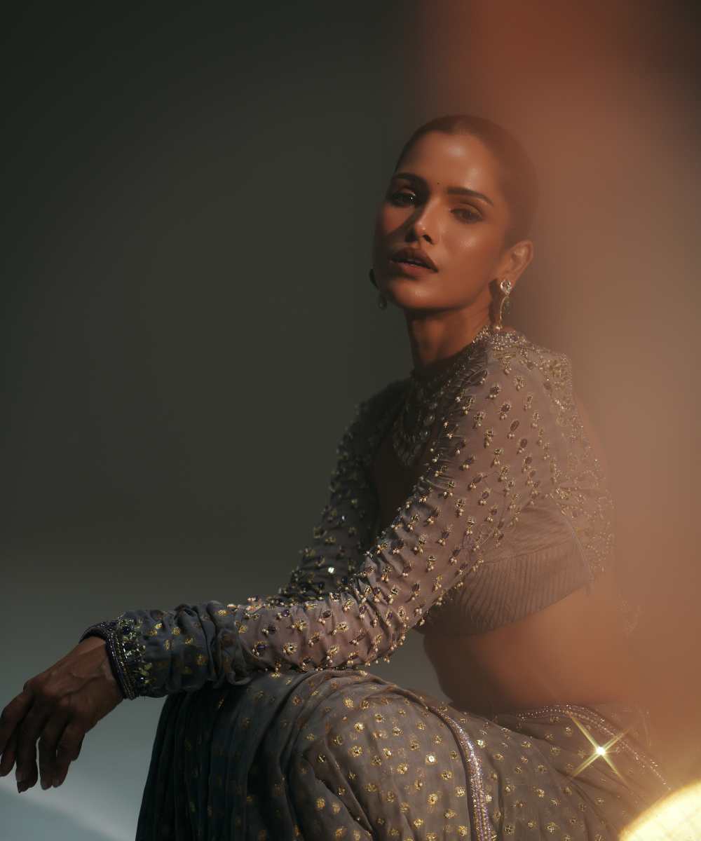 DRITI - PLATINUM HAND EMBROIDERED PREDRAPED SAREE - Mehfil by Mahima Mahajan