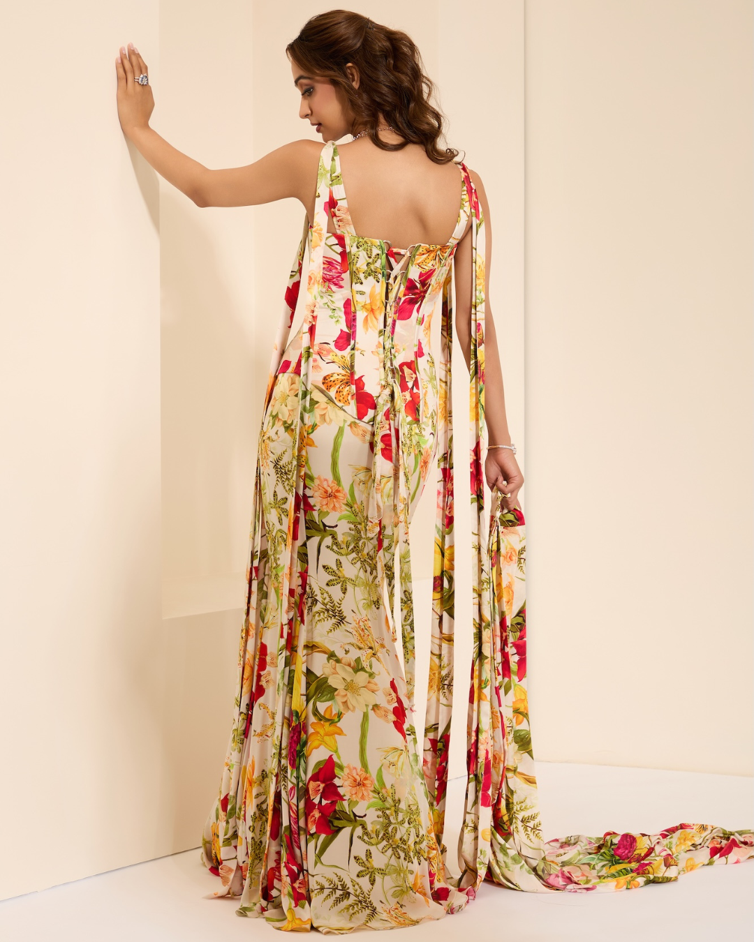 K&A by Karishma and Ashita - Ivory Blossom Corset With Skirt and Stole