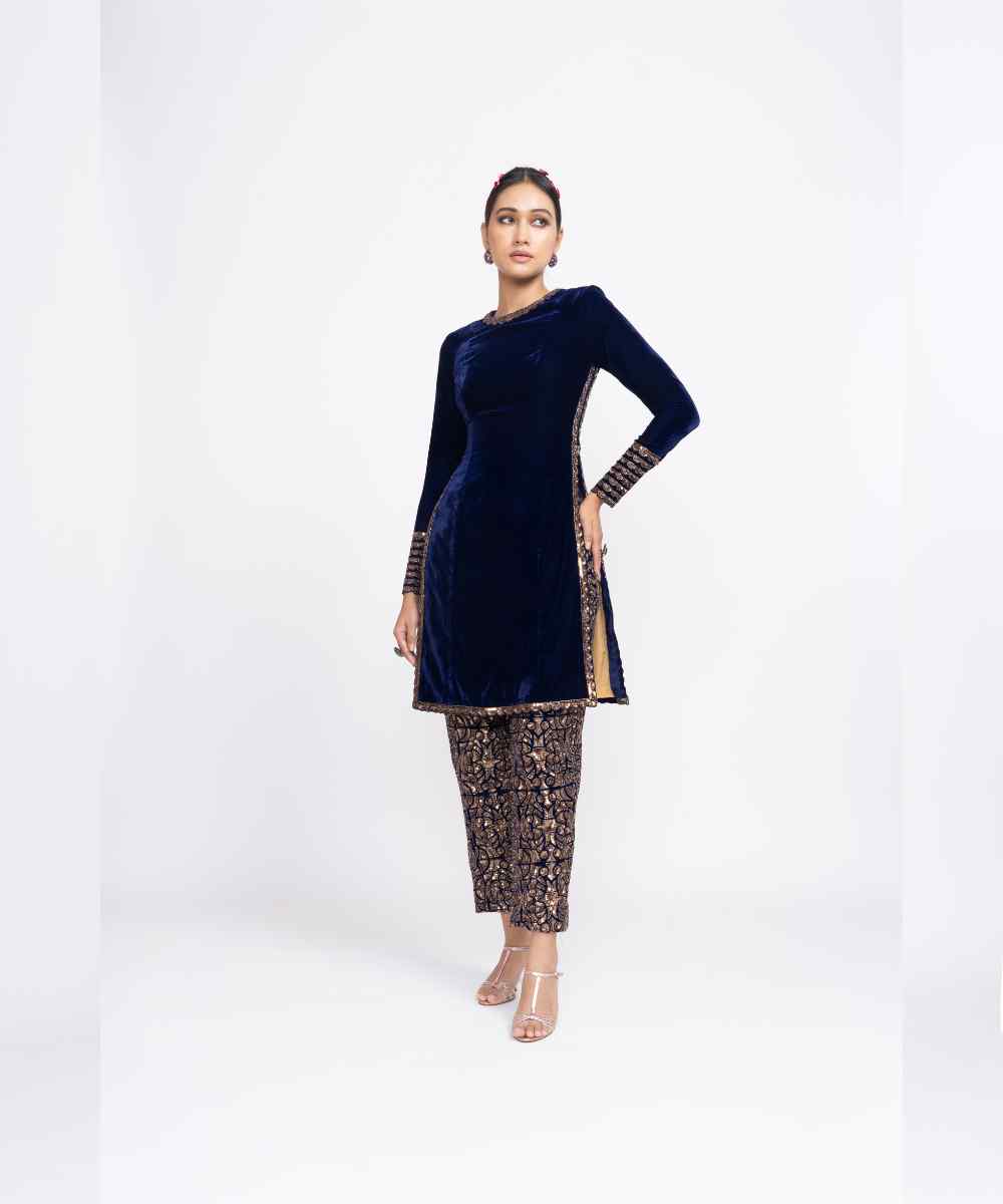 Navy Blue velvet kurta set