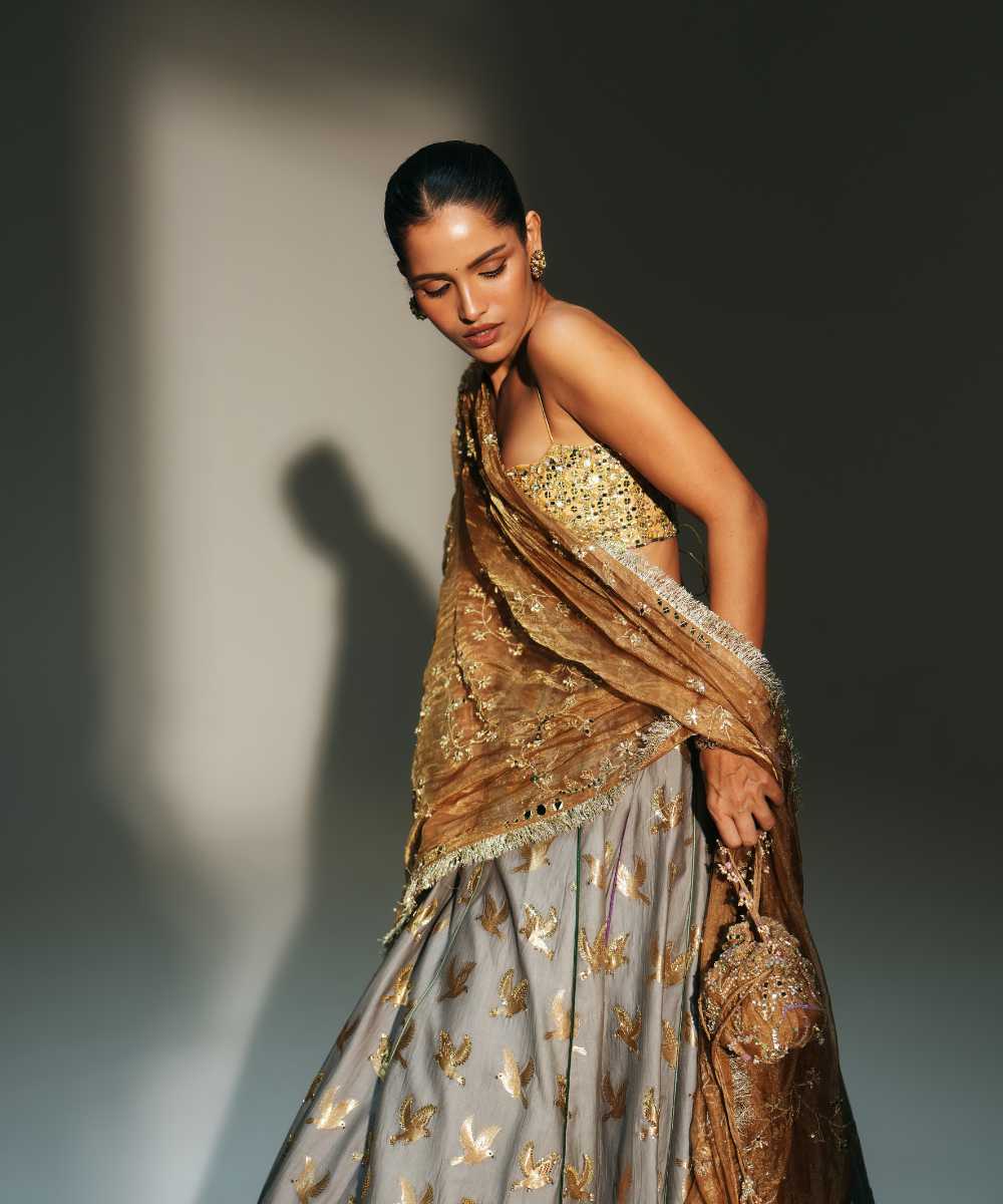 HINA - LEHENGA-PLATINUM BLOUSE & DUPATTA - Mehfil by Mahima Mahajan