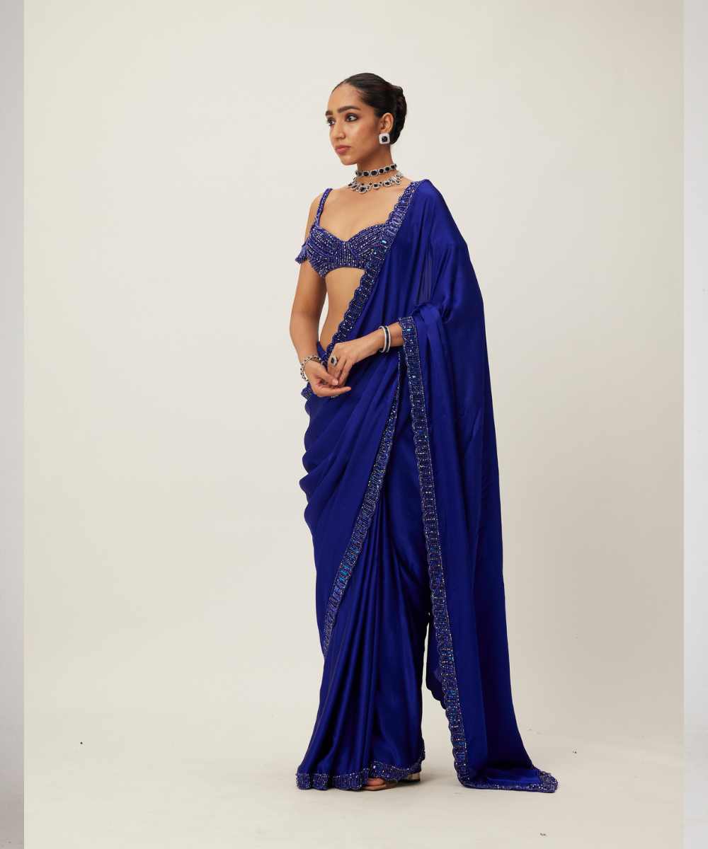 Cocktail Blue Satin Saree Set - Collection name Maya by Vvani Vats
