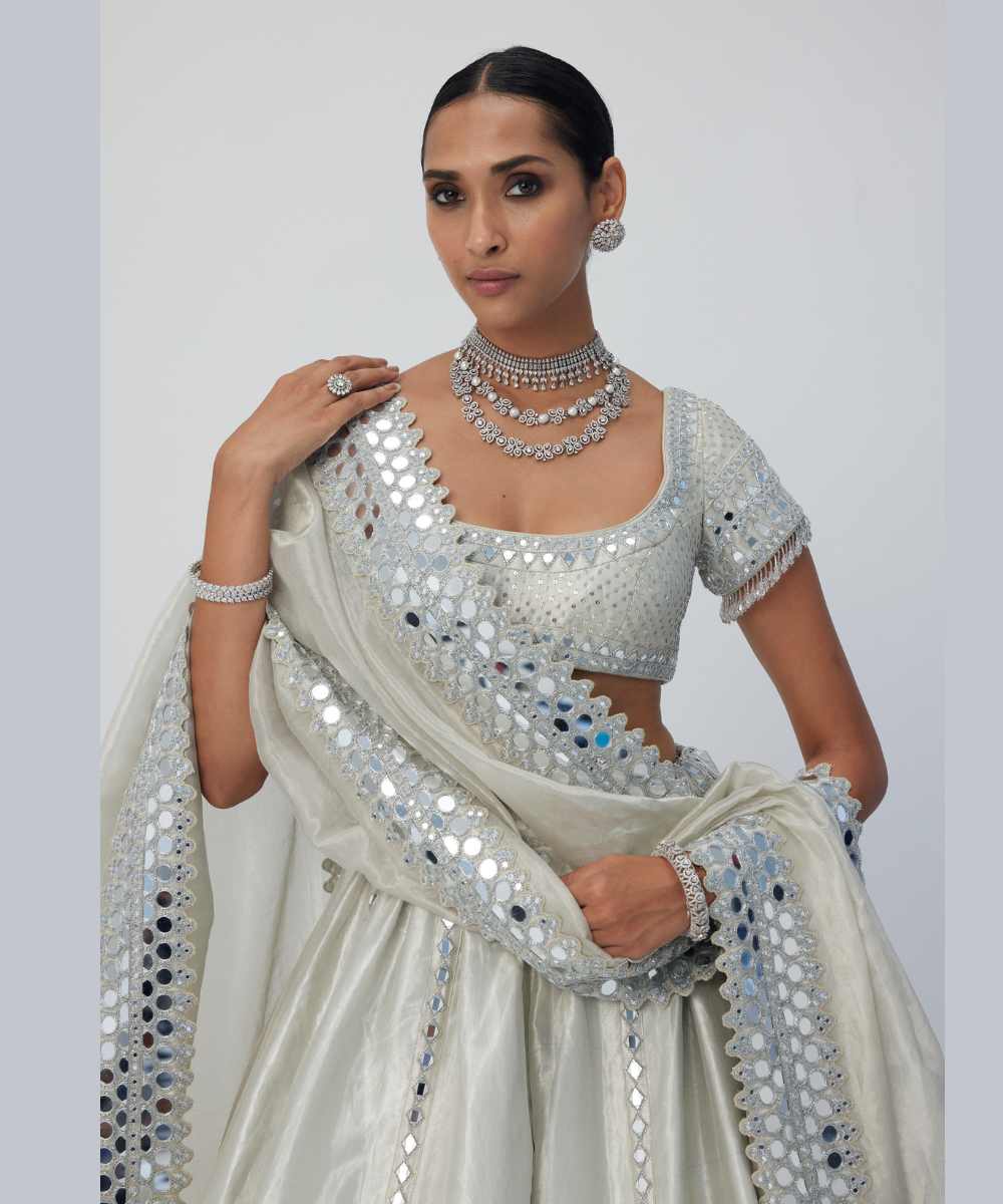 Silver Shimmer Organza Linear Lehenga Set
