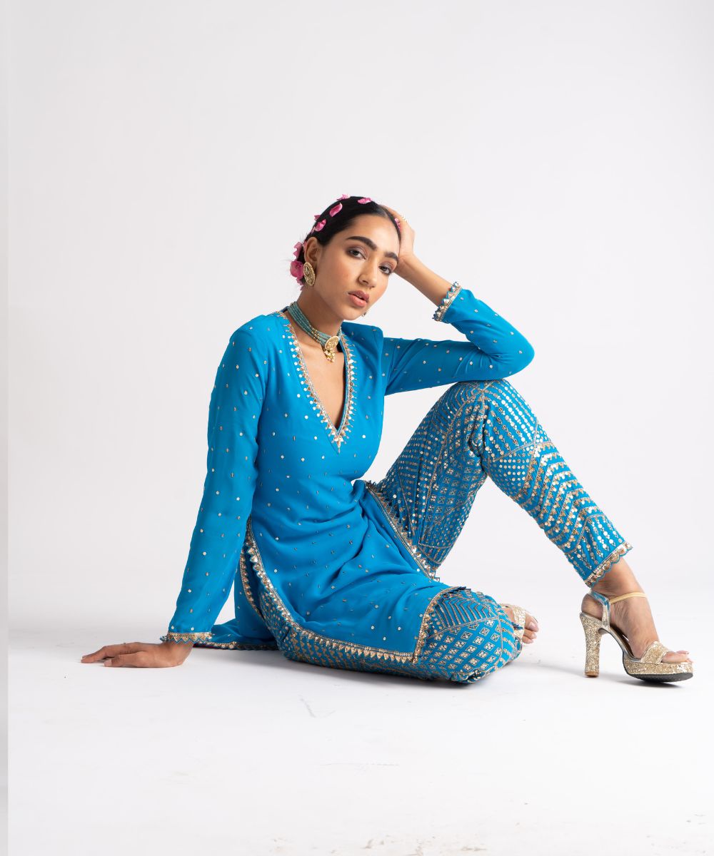 Firozi V Neck Multi Geo Pant Kurta Set - Collection name Rang by Vvani vats