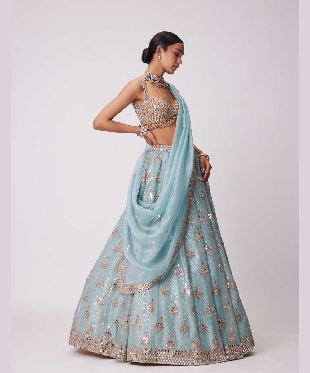 POWDER BLUE ORGANZA SEQUIN EMBROIDERED LEHENGA SET - Collection name Jugmug Bride by Vvani Vats