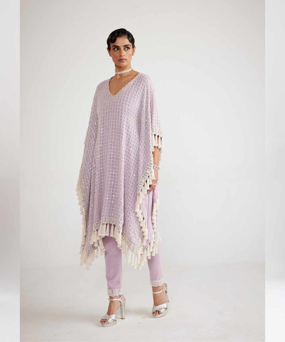 Powder Lilac Chandelier Pearl Drop Kaftan Set - Collection name Piroi by Vvani vats
