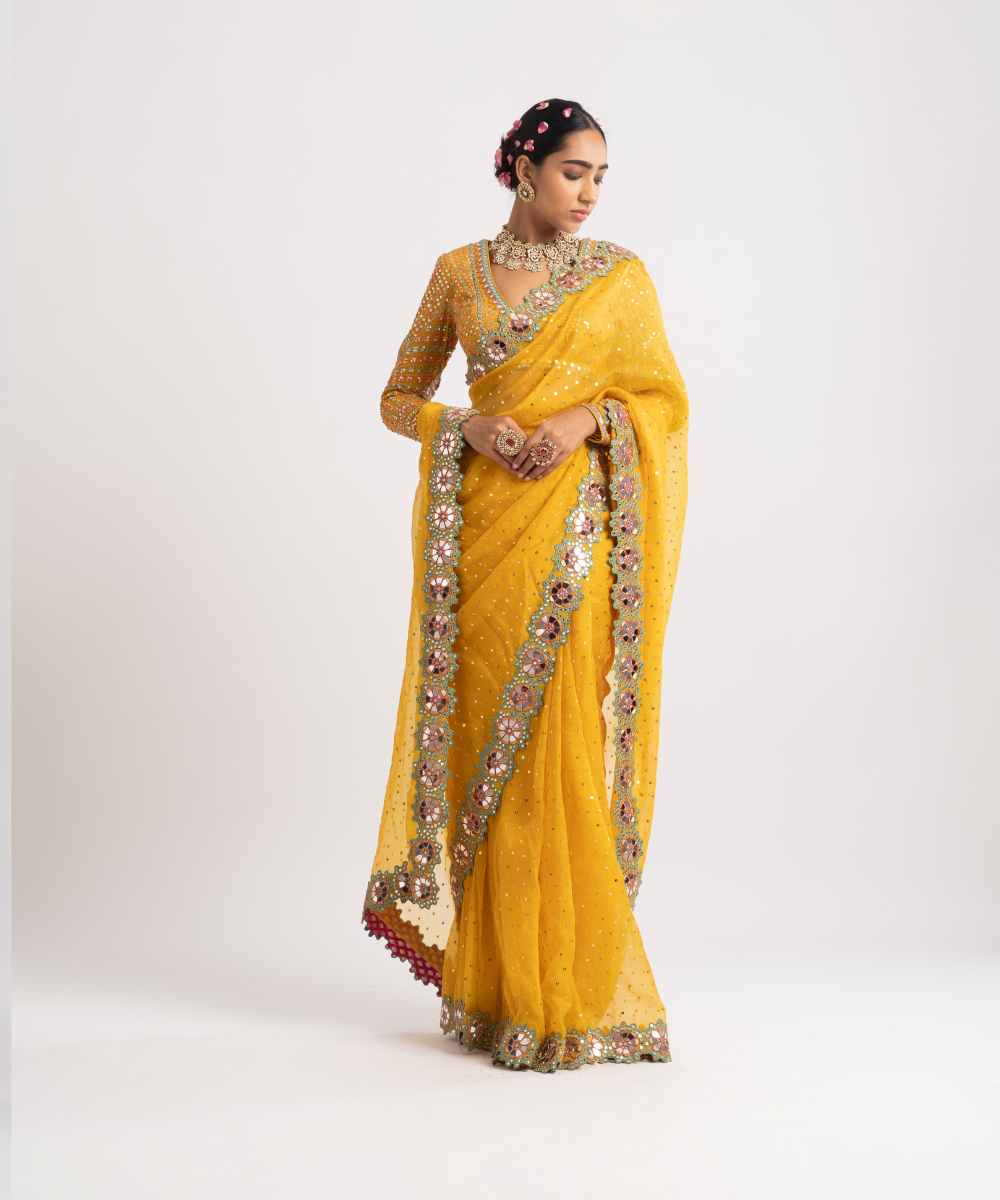 Yellow Hand Cut Mirror Border Saree Set - Collection name Rang by Vvani vats