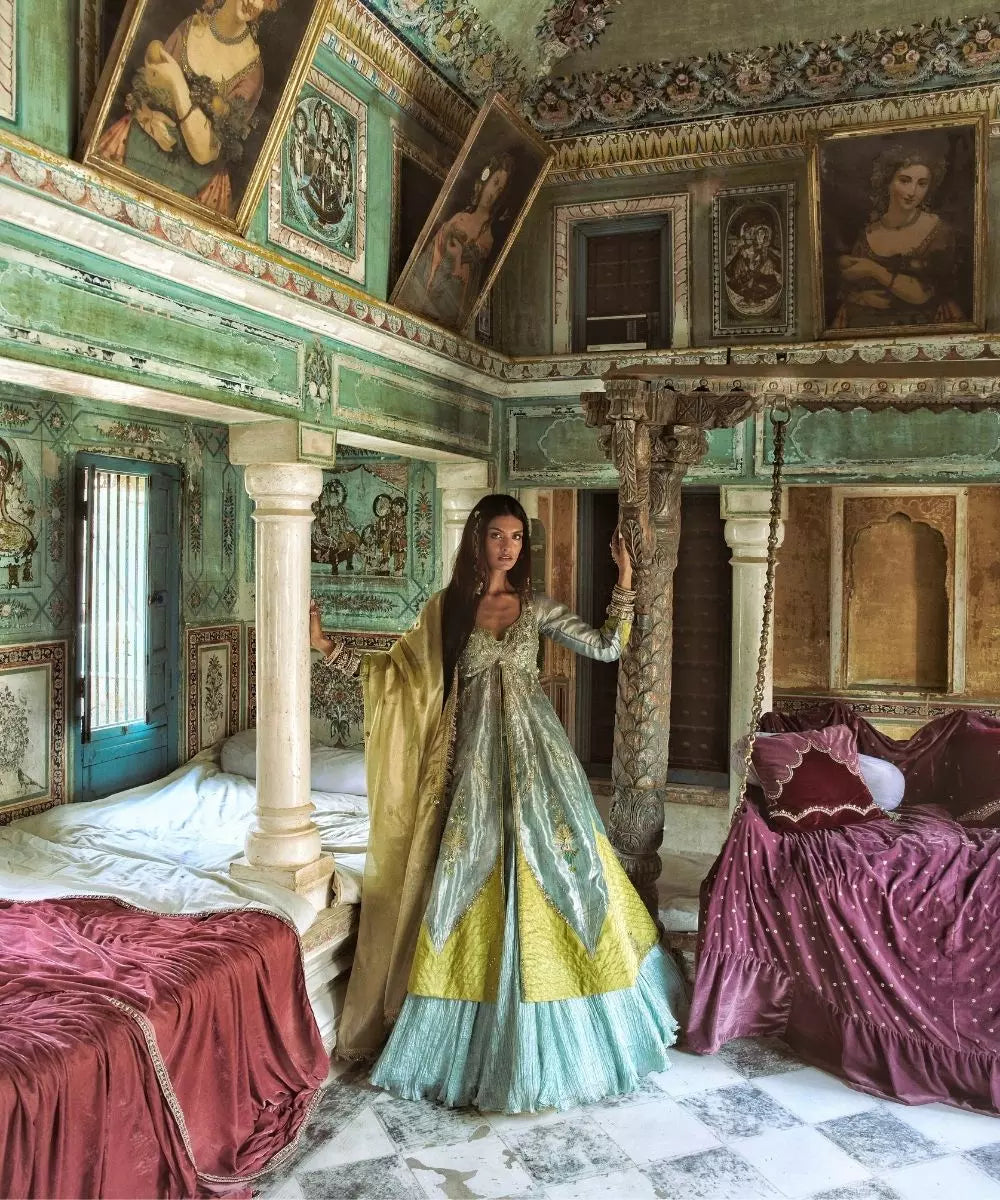 Aditi Gupta - Moonlight Blue  pure tissue Jacket with crushed Silk Skirt Set with tissue dupatta