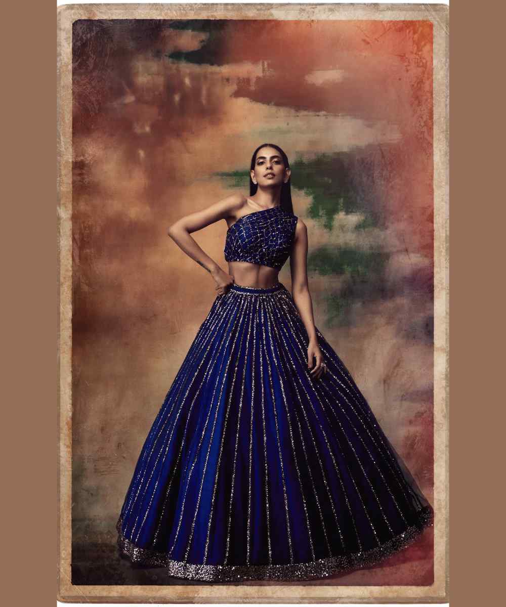 Midnight blue one shoulder crop top skirt set