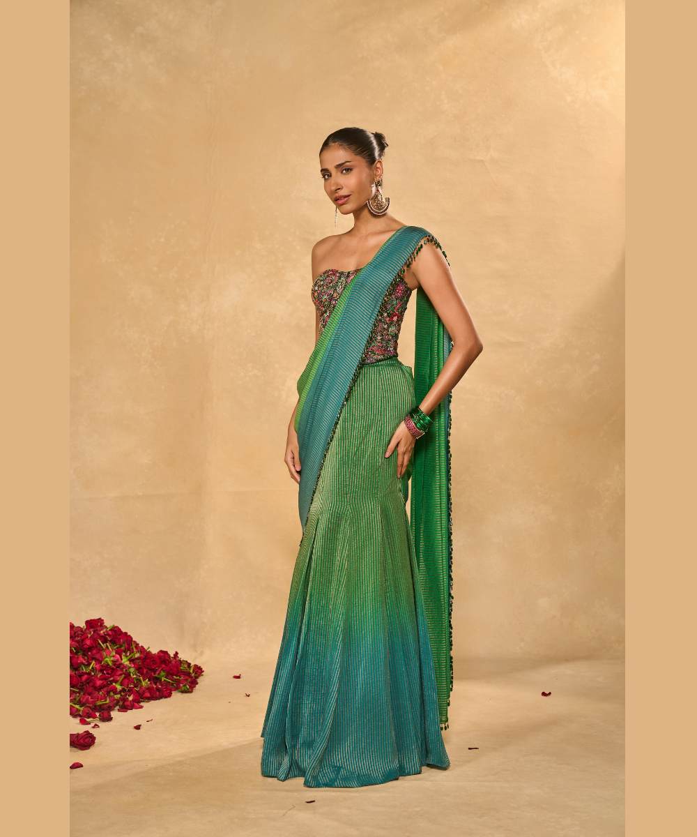 ASMA SAREE - Green to blue ombre tissue jamewar pre-draped saree -  Leher by Chamee and Palak
