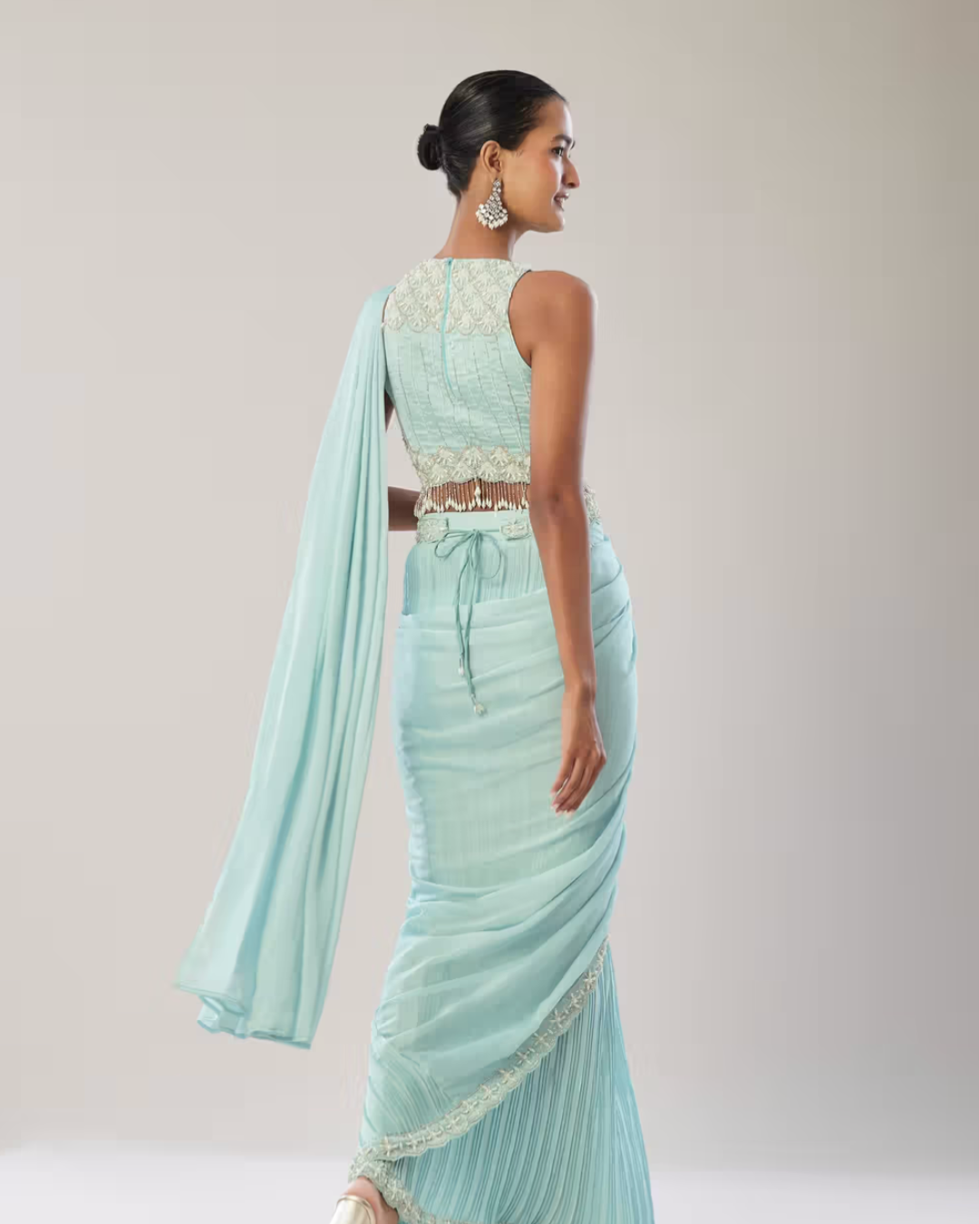 Kalki - Sky Blue Ready Pleated Saree With Belt
