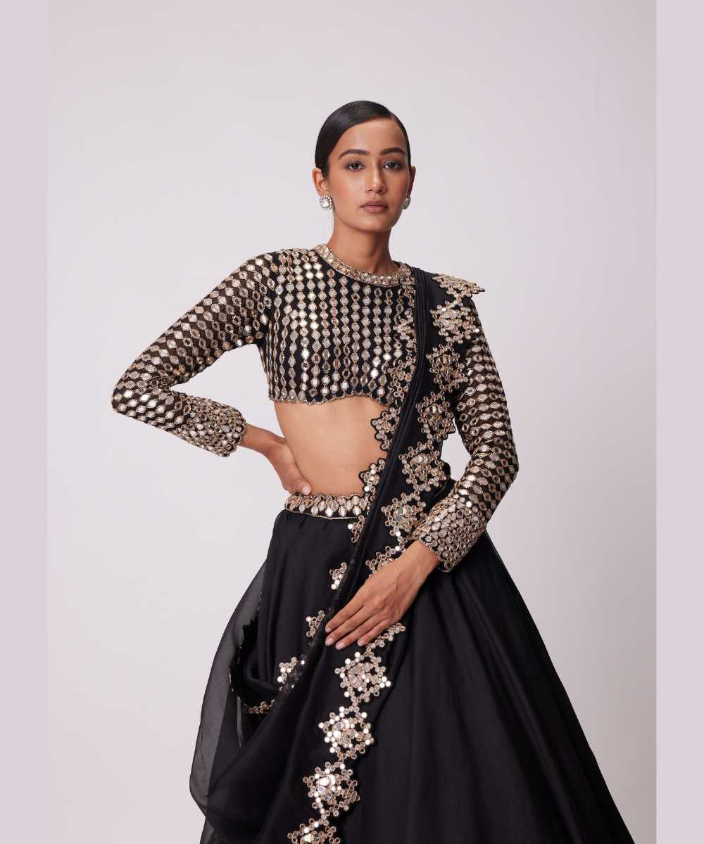 BLACK ORGANZA MIRROR EMBROIDERED LEHENGA SET - Jugmug Bride by Vvani Vats