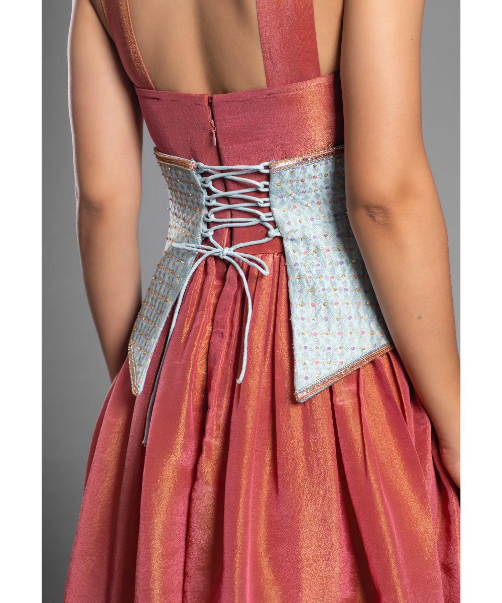 Crimson Red tissue Calf Length Dress with a Halter Neckline