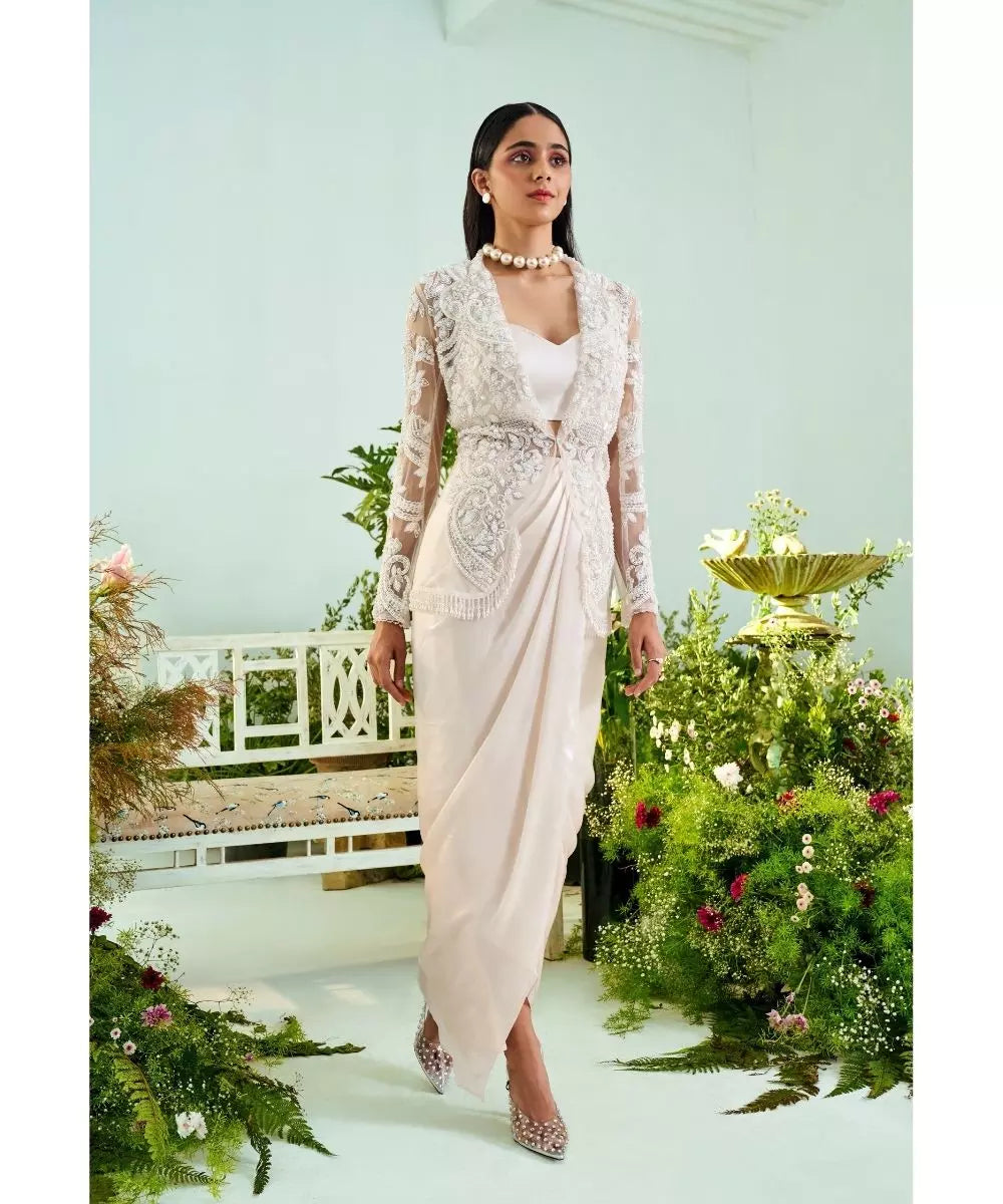 MANI BHATIA  - Ecru pearl embroidered Drape Skirt Bustier & Jacket set