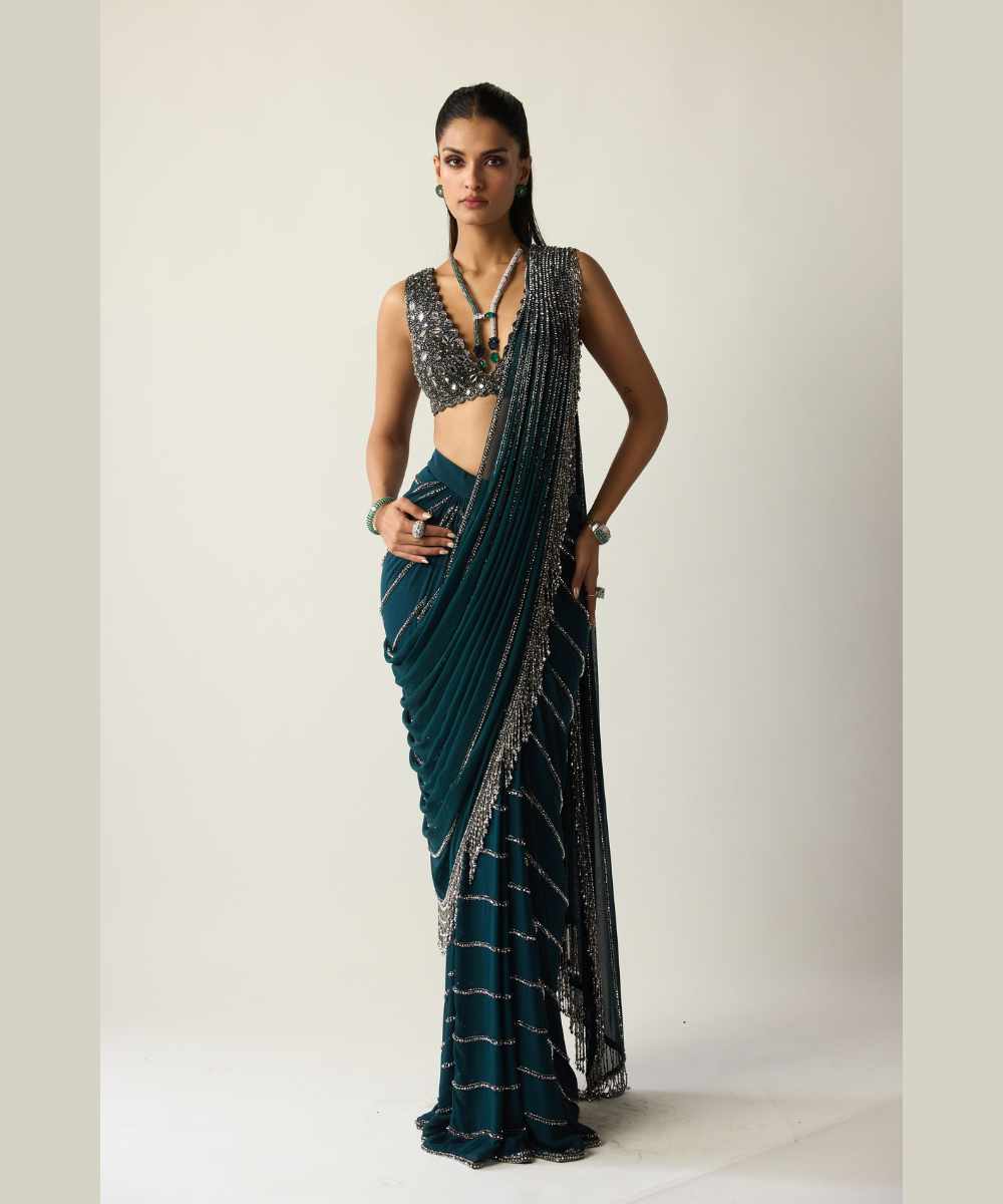 Dark Teal Linear Draped Saree