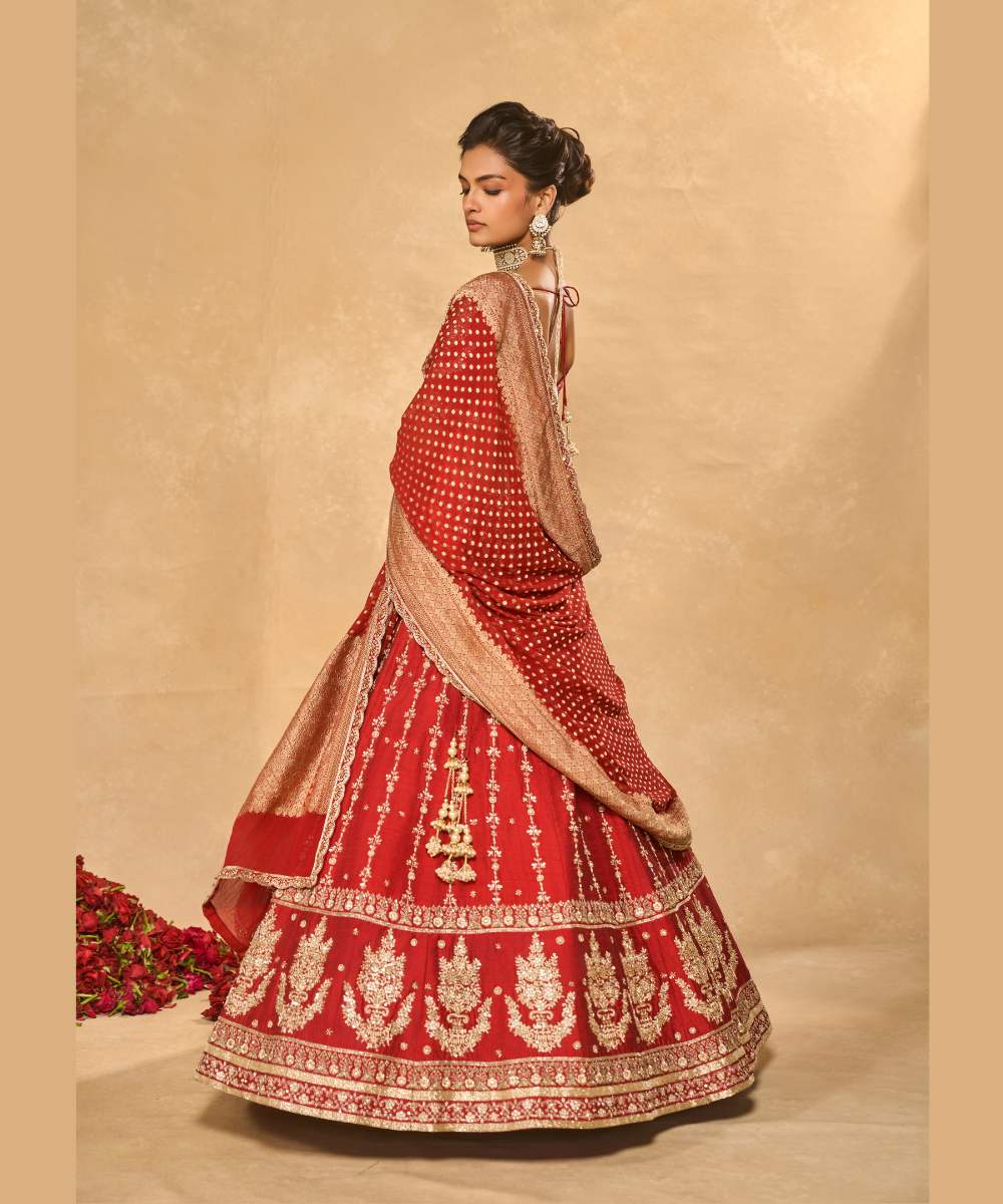 MOHINI LEHENGA - Red raw silk zardozi, glassbeads and sequence embroidered lehenga and blouse paired with banarasi dupatta - Leher by Chamee and Palak