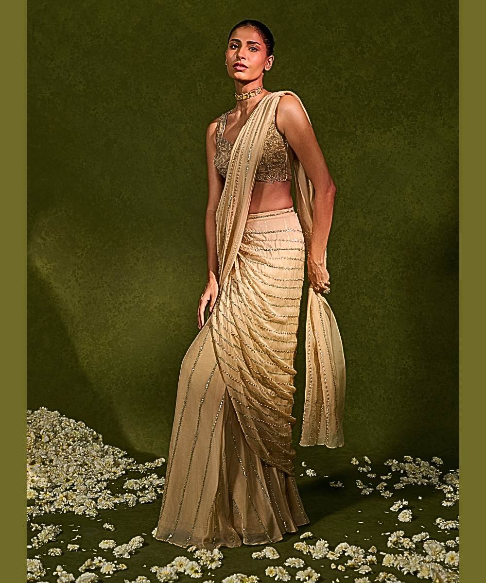AALIYAH SAREE - Organza pre-draped saree embellished with glassbeads - Leher by Chamee and Palak