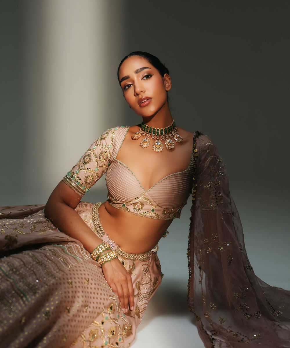 VIDHI - HAND EMBROIDERED BLUSH PINK KALI LEHENGA - Mehfil by Mahima Mahajan