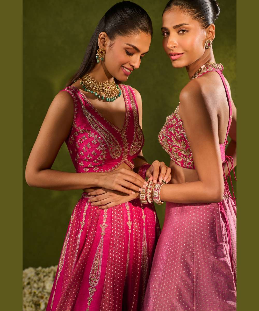 INARA LEHENGA - Light-to-dark pink ombré tissue jamewar lehenga -  Leher by Chamee and Palak