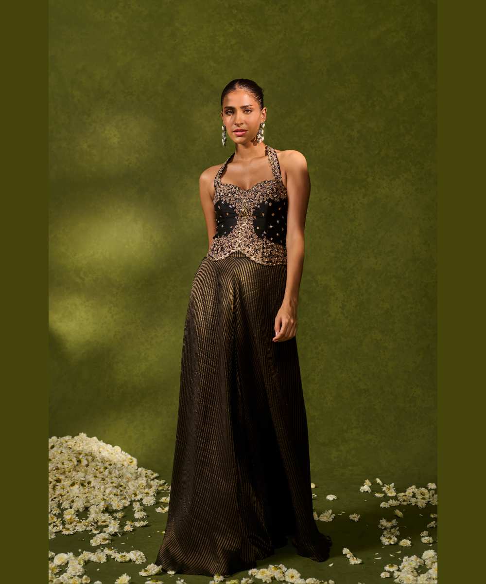 NAINA WITH FLARED PANTS - Tissue jamewar flared pants paired with a statement halter blouse - Leher by Chamee and Palak