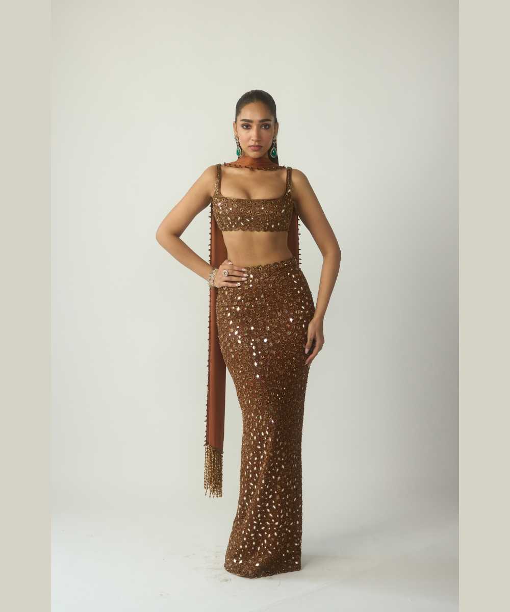 Metallic Copper Pencil Skirt Set