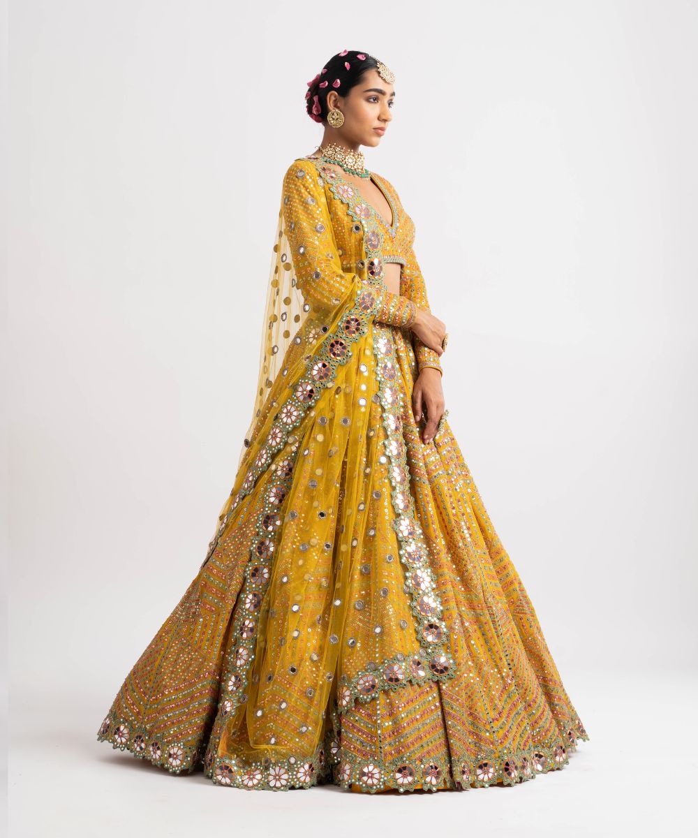 Yellow V Neck Heavy Multi Color Lehenga Set - Collection name Rang by Vvani vats