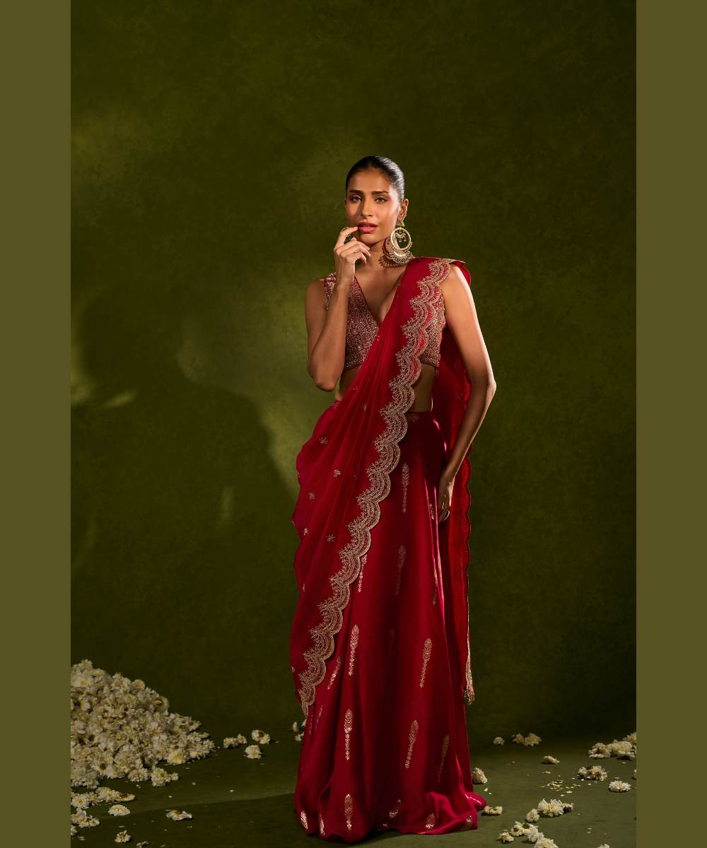 AMAL LEHENGA SAREE - Jamewar pre-draped lehenga saree -  Leher by Chamee and Palak