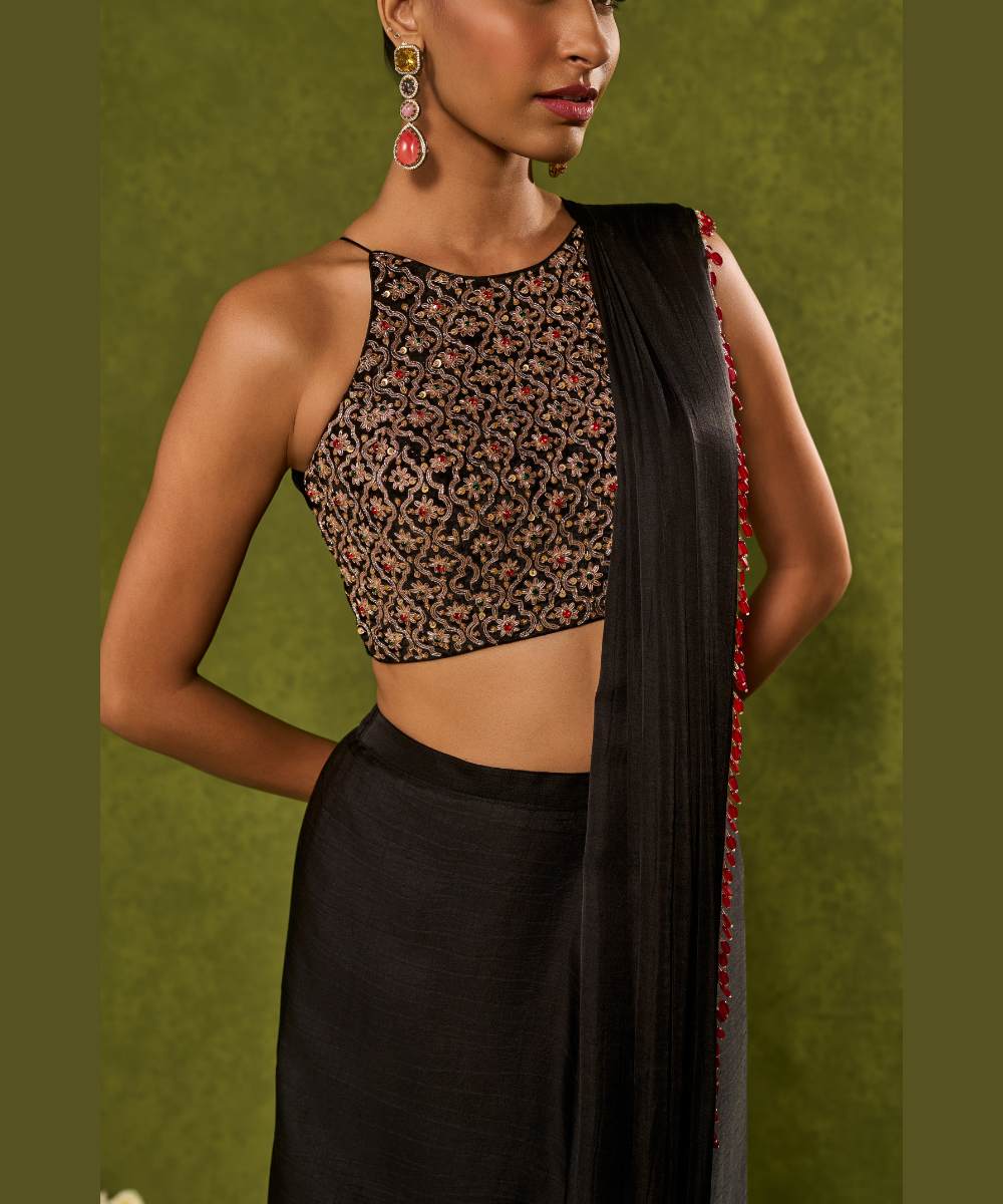AANYA SAREE - Soft silk dhoti saree paired with a delicately embroidered velvet halter neck blouse -  Leher by Chamee and Palak