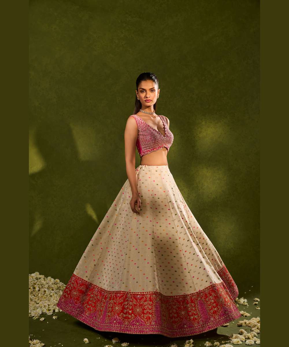 ANVI LEHENGA - Ivory multicolour tissue jamewar lehenga with finely embroidered applique and zari -  Leher by Chamee and Palak