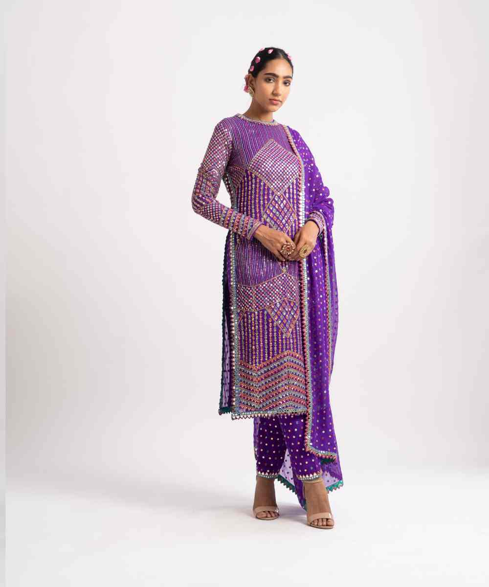 Purple Multi Embroidery Round Neck Kurta Set - Collection name Rang by Vvani vats