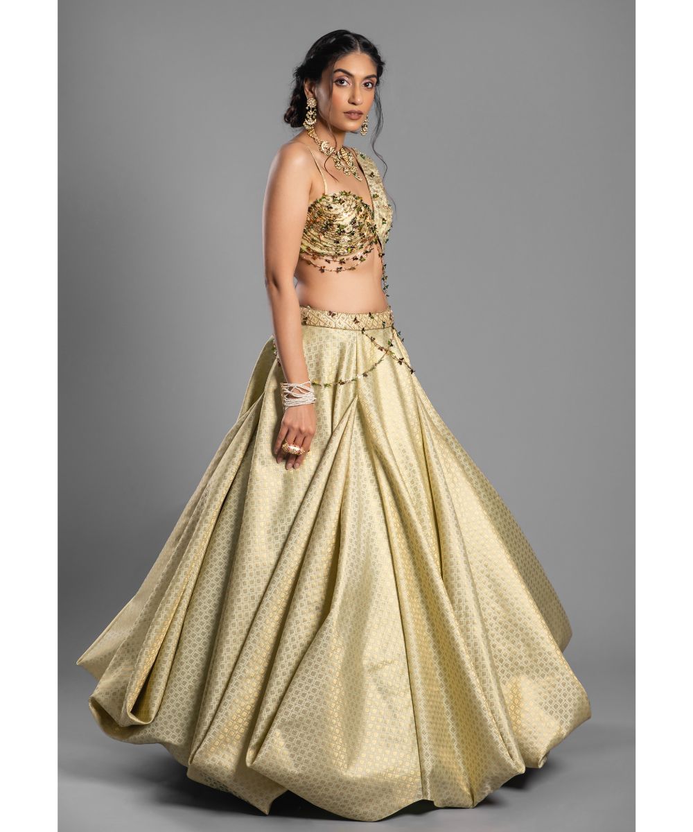 Lime Green Brocade Lehenga Asymmetrical Drape Blouse