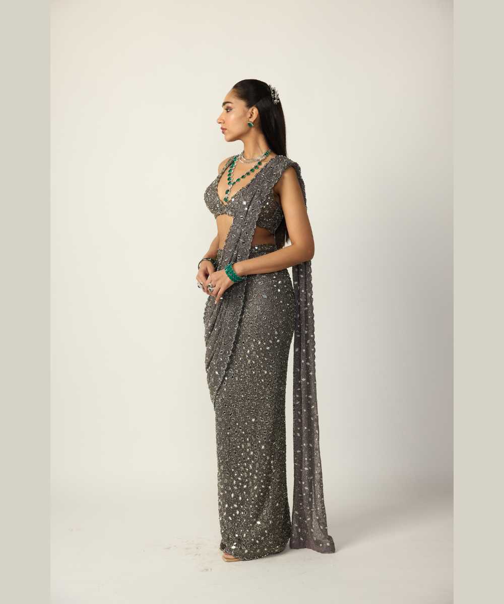 Metallic Grey Draped Saree Set