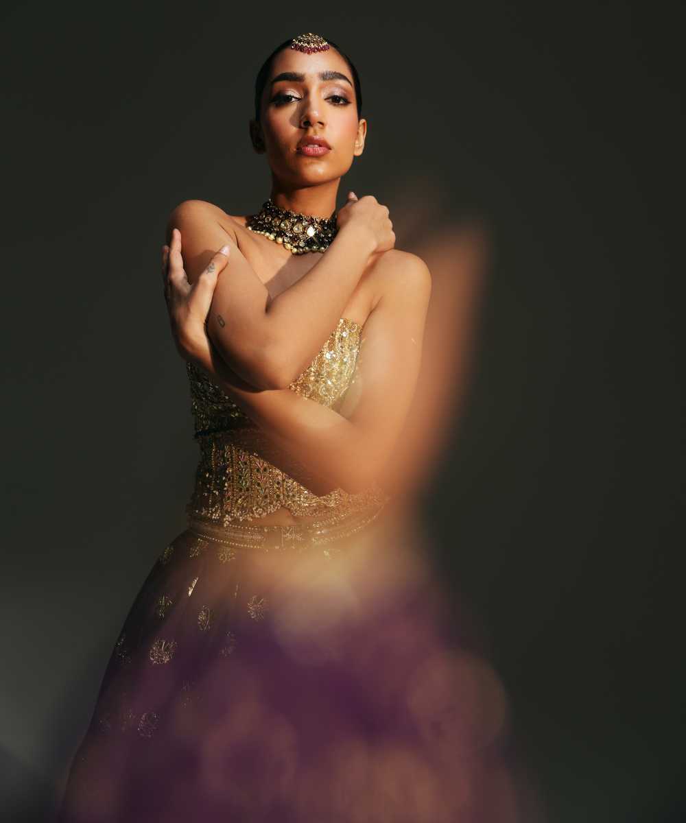 BINDIYA - HAND EMBROIERED BOOTI LEHENGA WITH GOLDEN CORSET AND DUPATTA- Mehfil by Mahima Mahajan