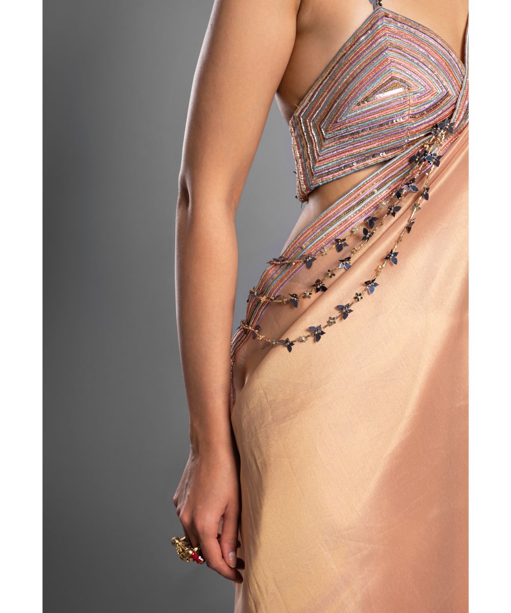 Geometric Embroidered Peach Saree