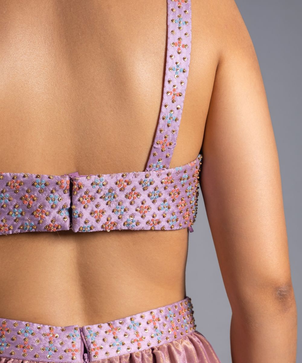 Aastha Sood - Lavender hued Jumpsuit Hand Embroidered Brocade draped Bodice and silk tissue Pants