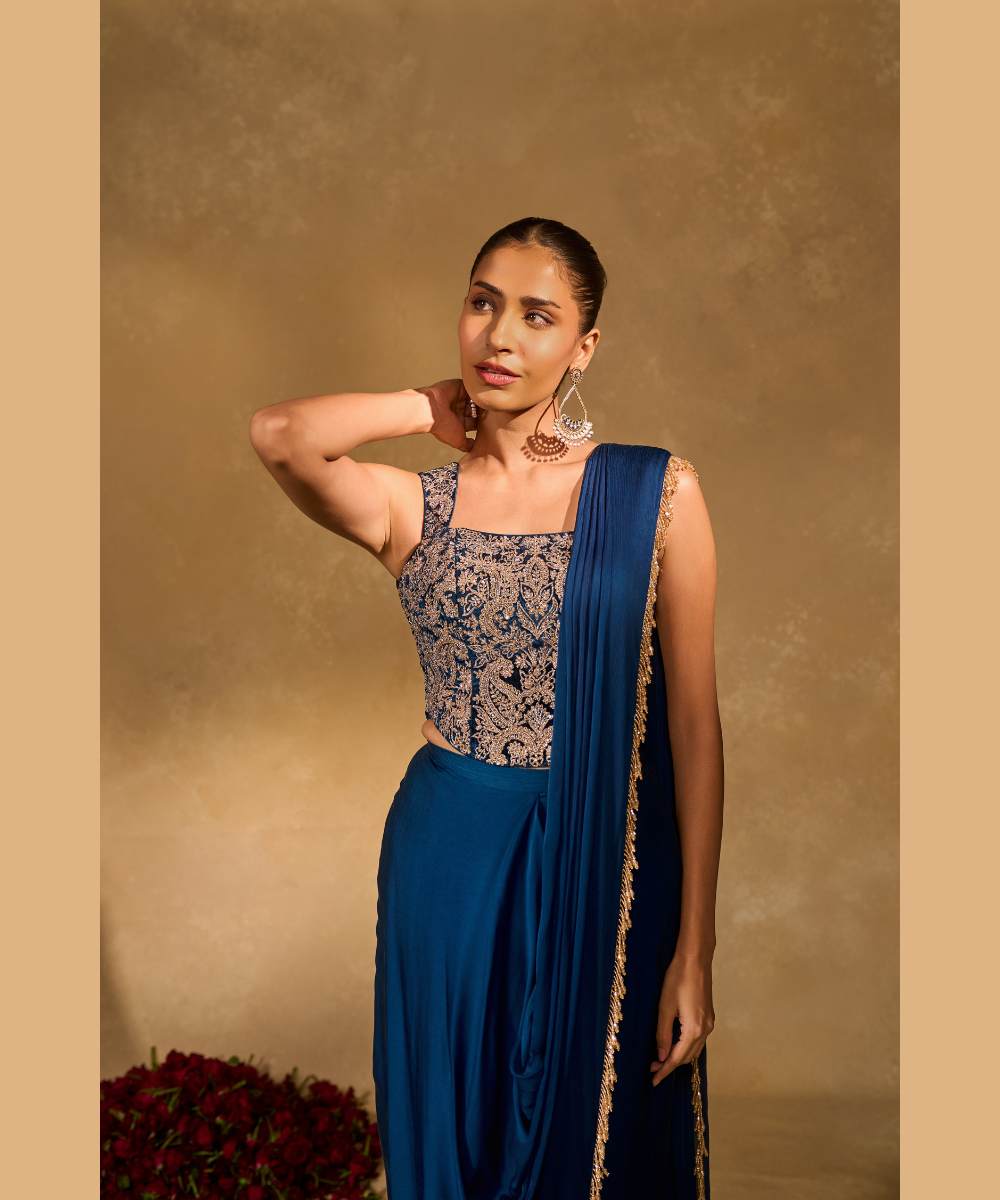 LEKHA SLIT SAREE - Satin chiffon dhoti saree embellished with tassel edging paired with a velvet corset blouse - Leher by Chamee and Palak