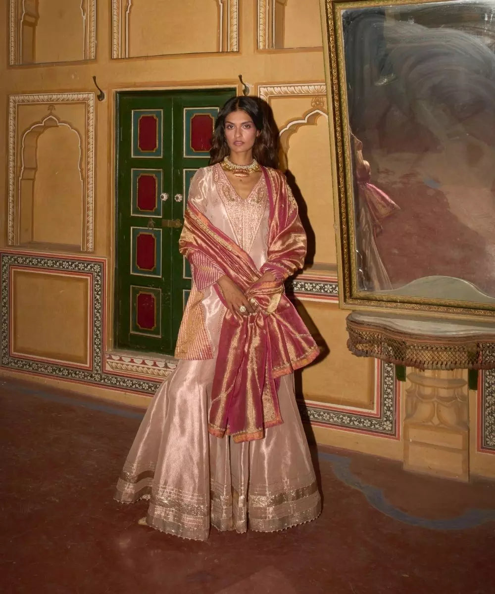 Aditi Gupta - Rose Gold short Kurta with Sharara and Hot pink dupatta in silk zari  tissue