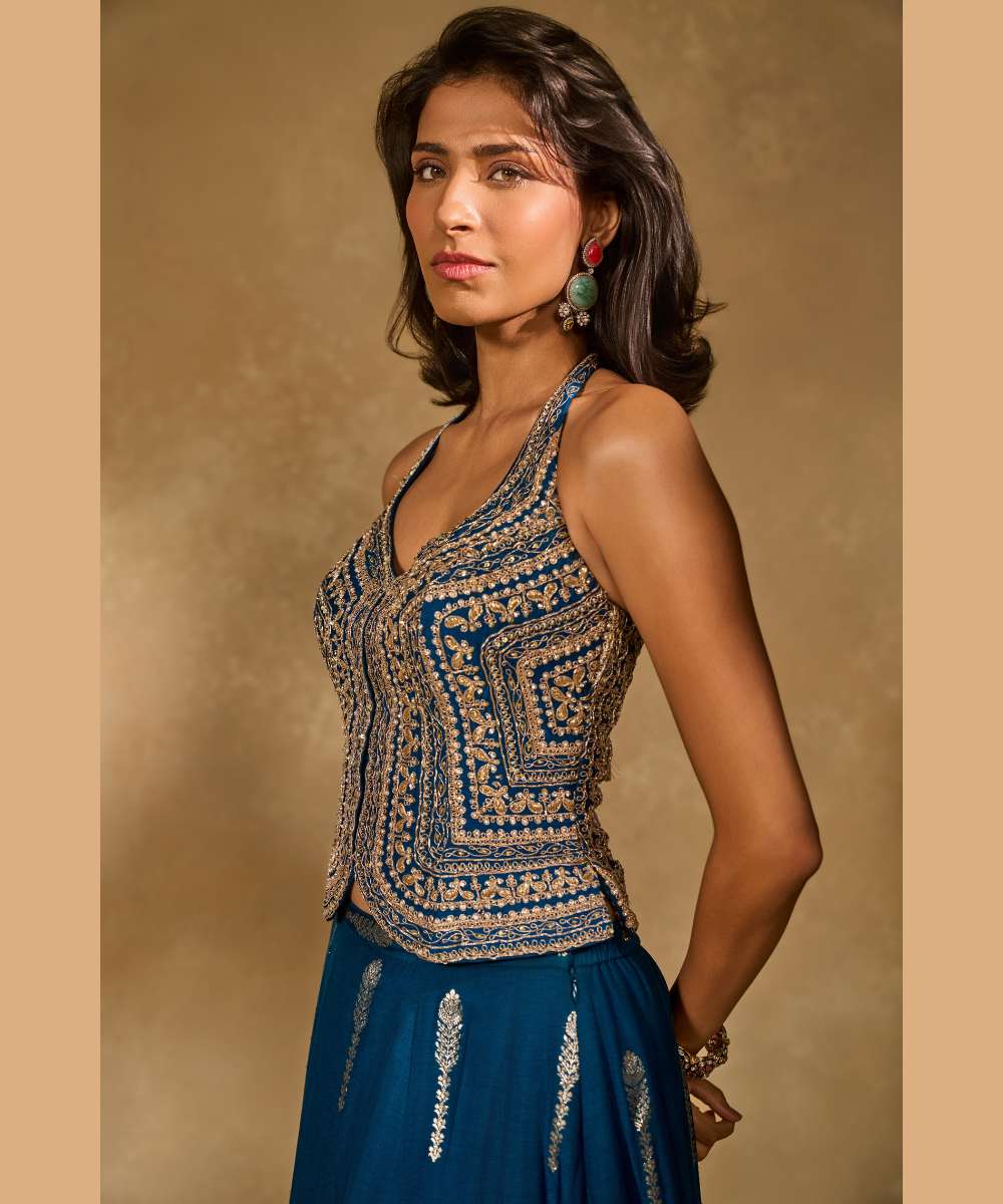 AMAL LEHENGA IN BLUE - Jamewar Lehenga with woven buttis paired with zari, sequence and zardozi embroidered halter neck blouse - Leher by Chamee and palak