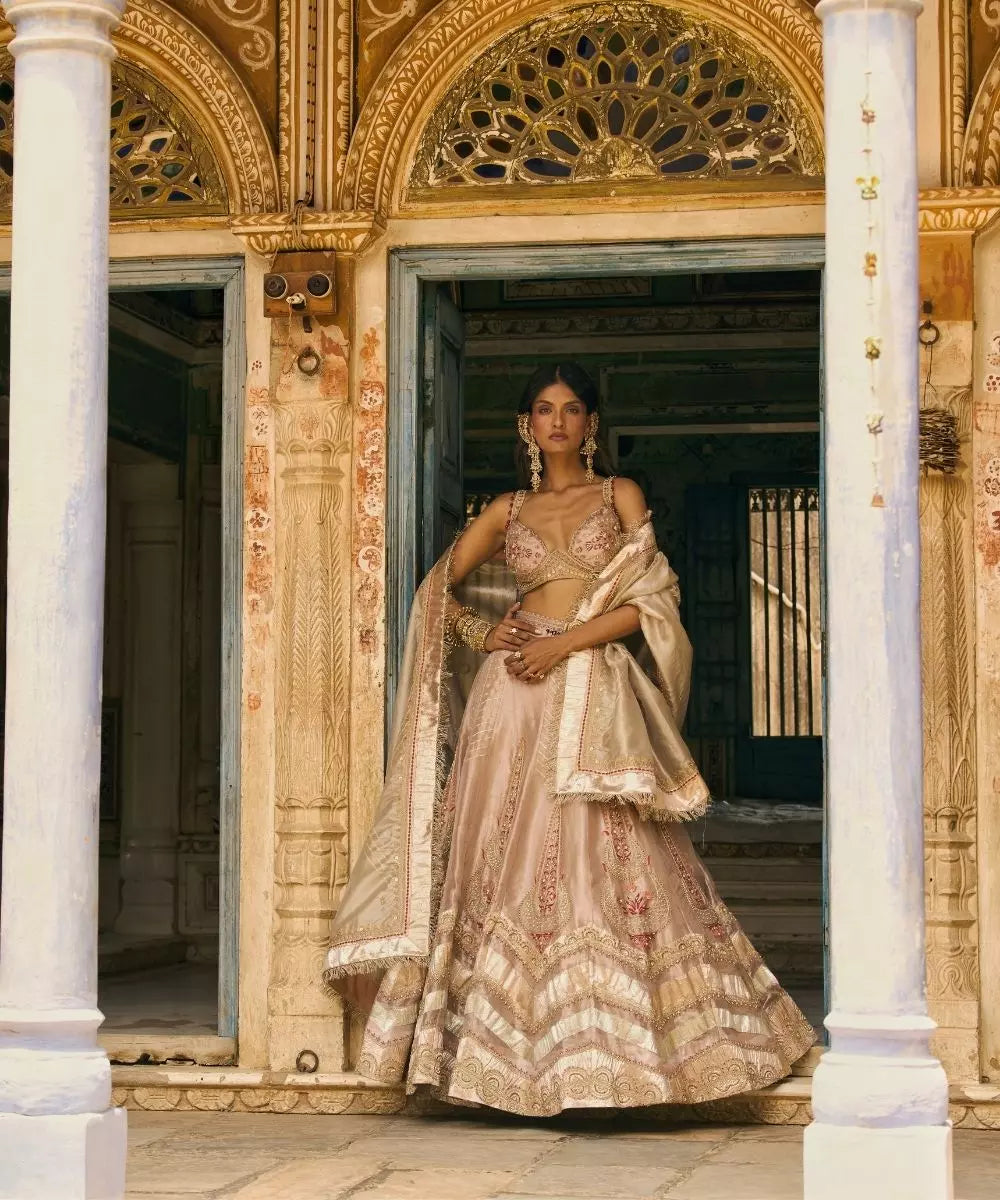 Aditi Gupta - Rose Gold silk zari tissue with Pearl gold zari tissue dupatta Lehenga Set