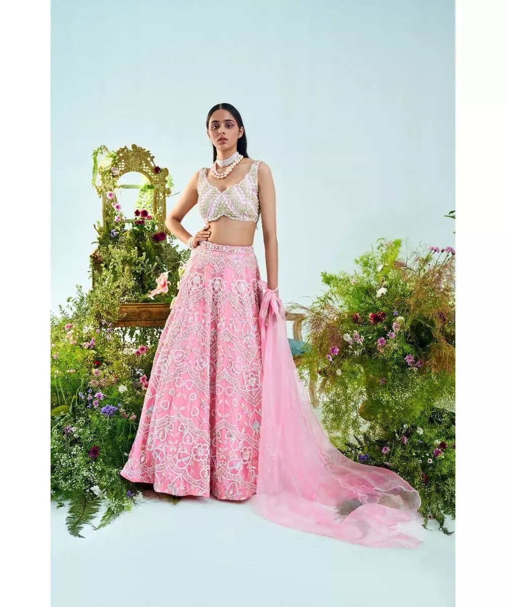 MANI BHATIA - Bubblegum pink embroidered Blouse & Lehenga set