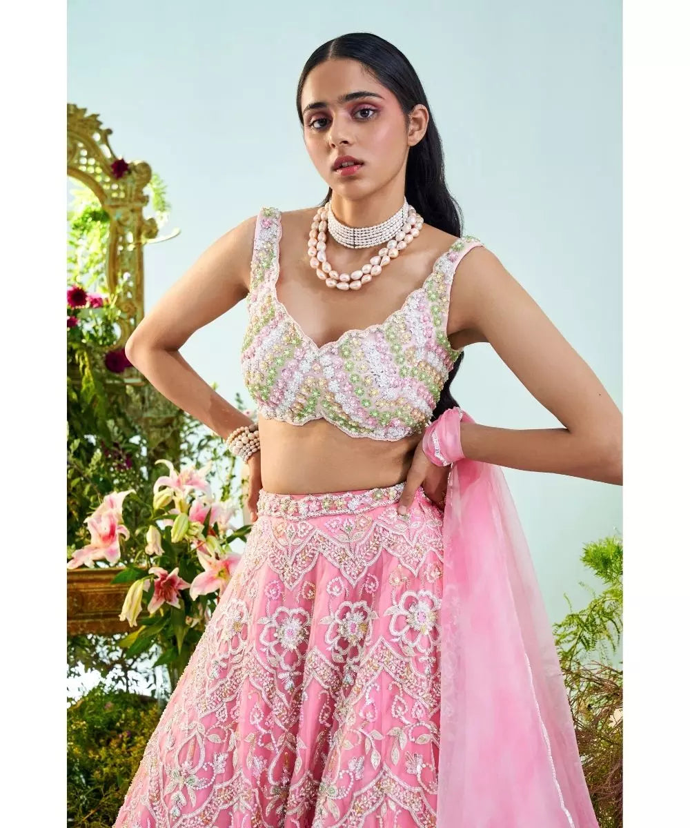 MANI BHATIA - Bubblegum pink embroidered Blouse & Lehenga set