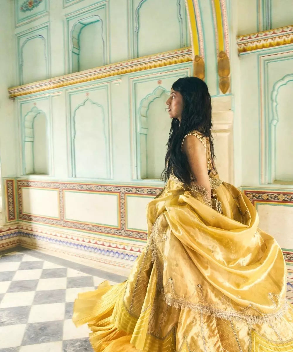 Aditi Gupta - Mustard Yellow pure Zari Tissue Jacket with crushed Silk Skirt Set