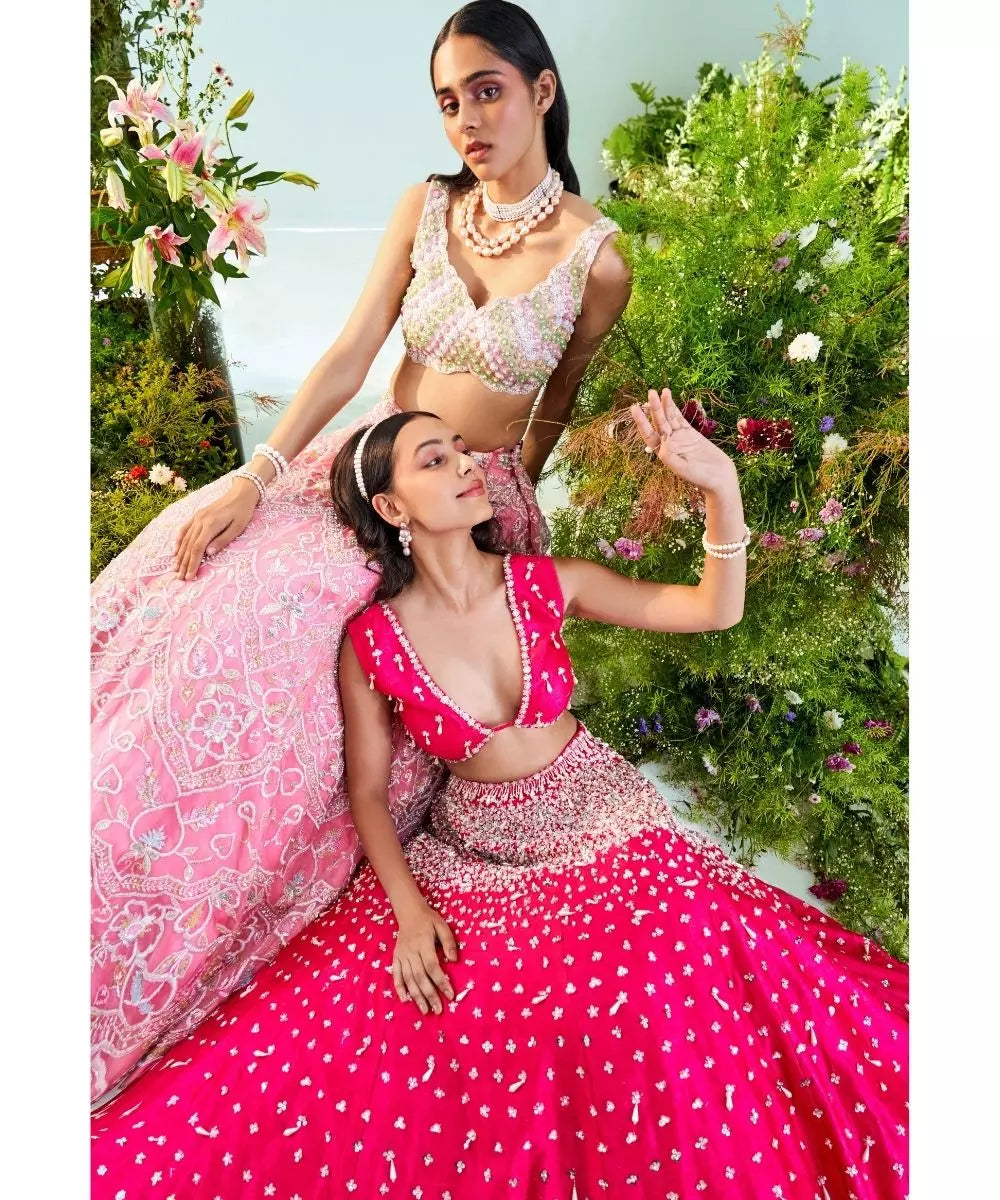MANI BHATIYA - Fuchsia pink red Pearl & Sequins embroidered Lehenga set