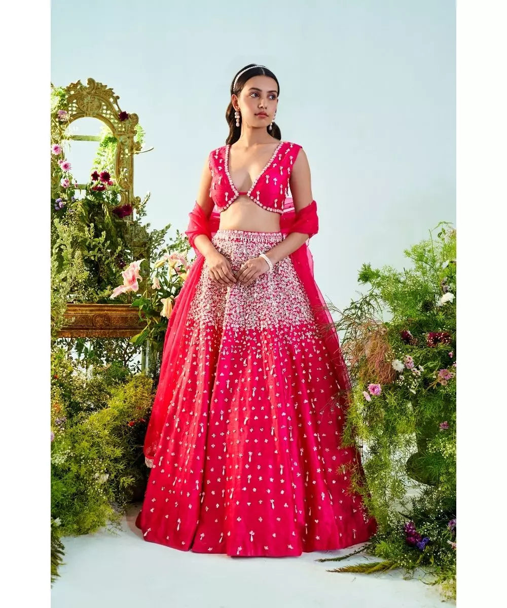 MANI BHATIYA - Fuchsia pink red Pearl & Sequins embroidered Lehenga set