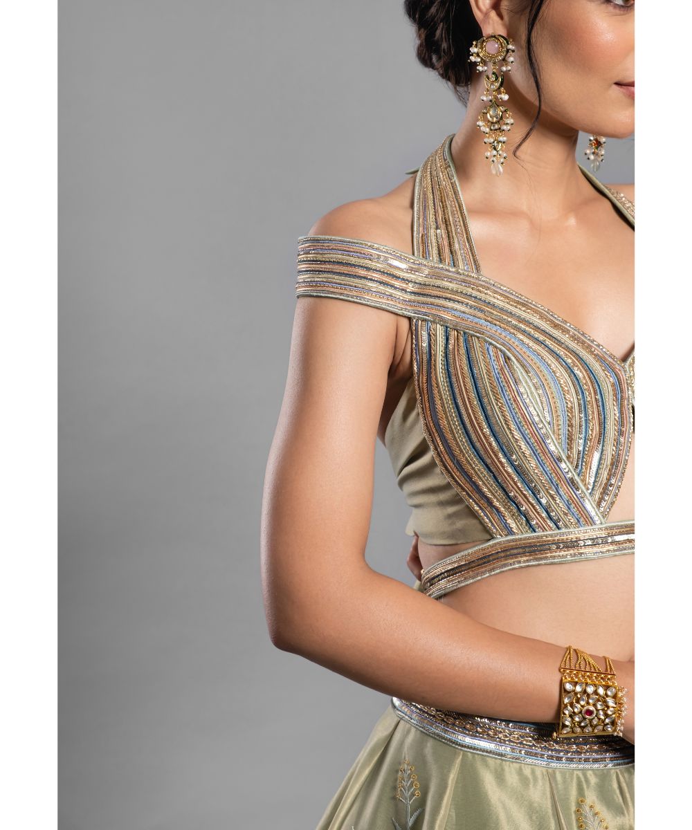Leaf green tissue Lehenga with a Draped Halter Blouse
