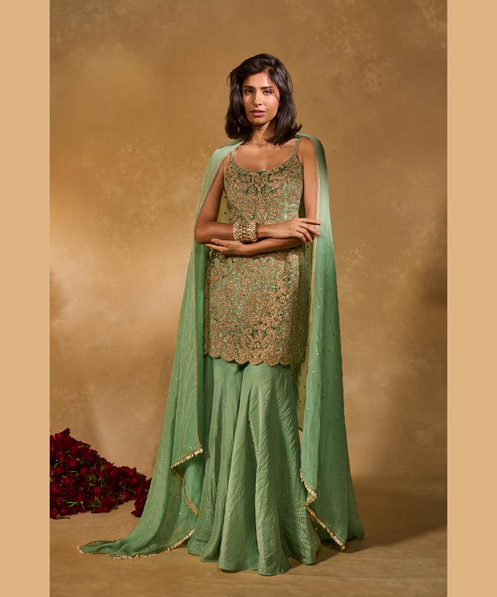 LEKHA SHARARA - Tissue jamawar sharara set and a sheer organza dupatta with delicate detailed edging -  Leher by Chamee and Palak