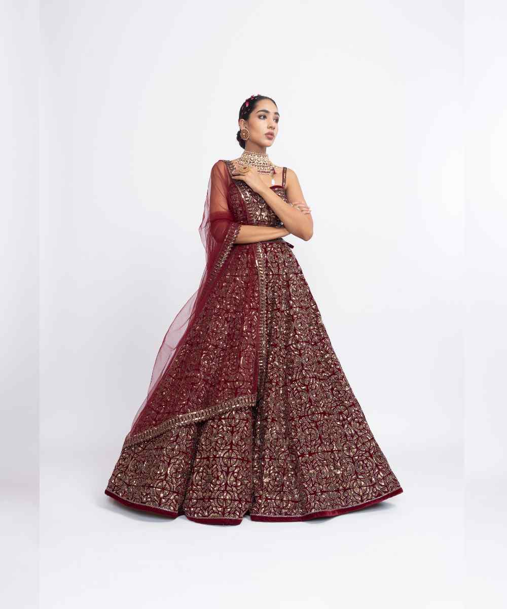 Maroon fully embroidered corset lehenga set