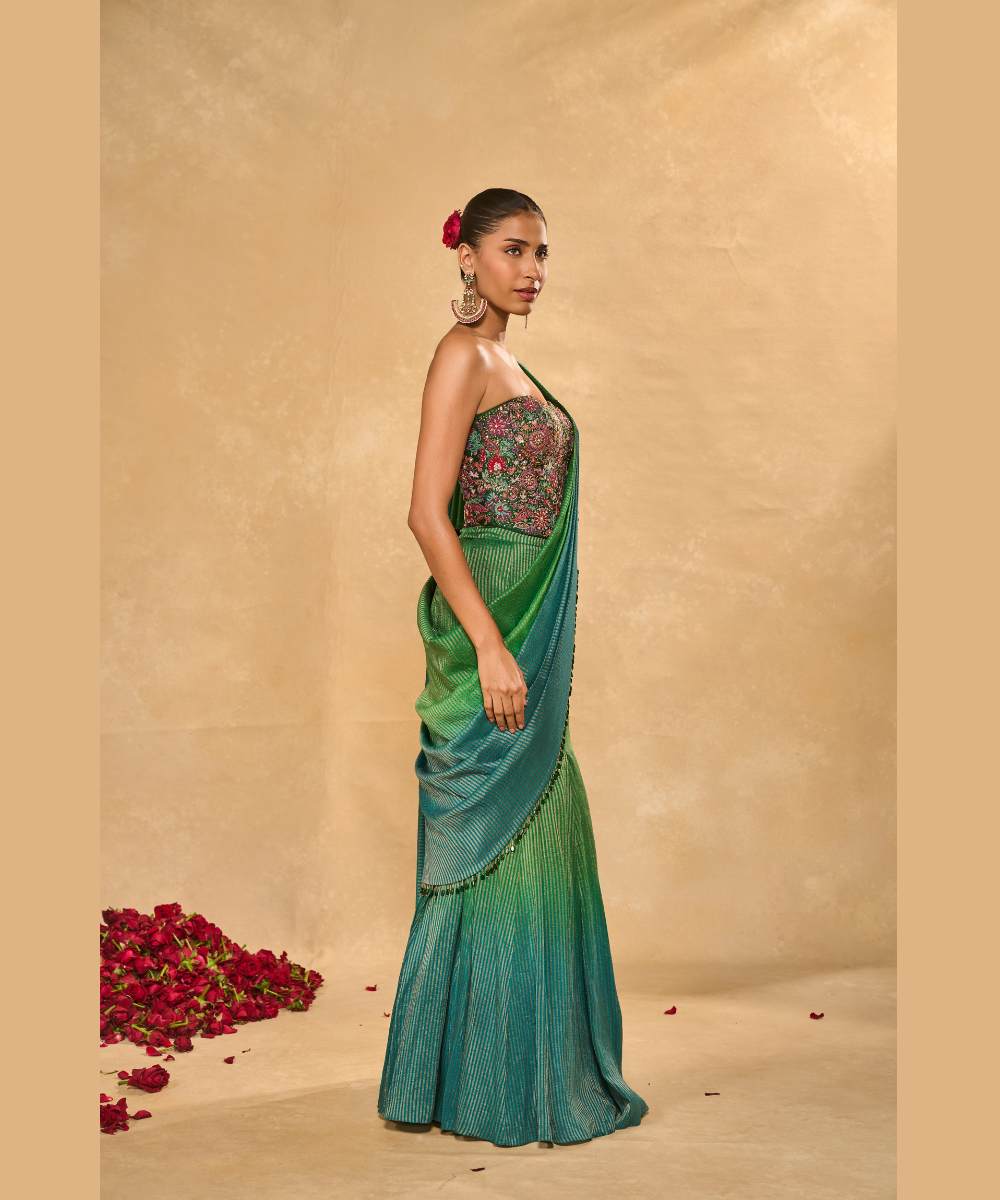 ASMA SAREE - Green to blue ombre tissue jamewar pre-draped saree -  Leher by Chamee and Palak