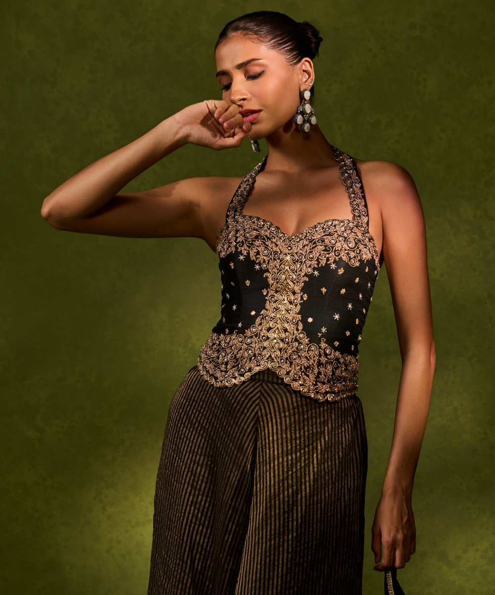 NAINA WITH FLARED PANTS - Tissue jamewar flared pants paired with a statement halter blouse - Leher by Chamee and Palak