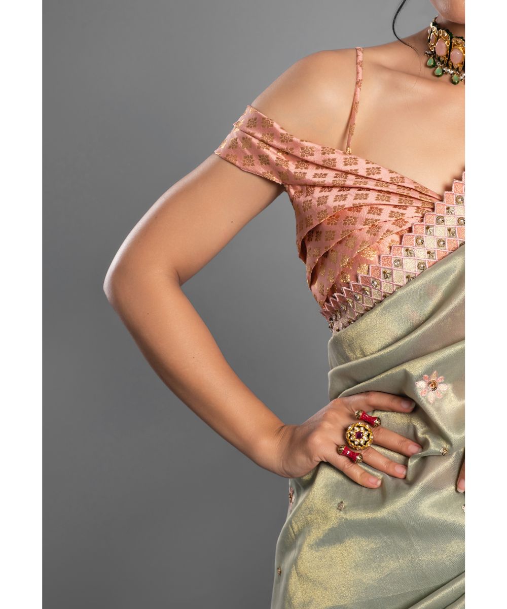 Leaf green Saree with peach Floral Geometric Scallop